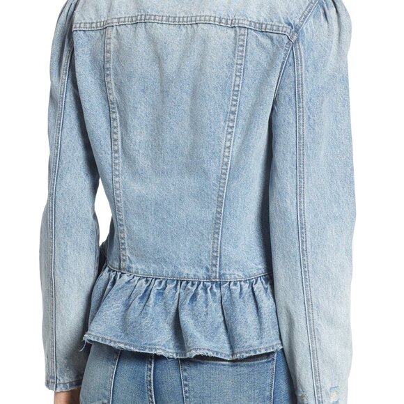 NWOT Chelsea & Violet Peplum Hem Puff Sleeve Distressed Denim Jean Jacket | XS - Picture 7 of 11